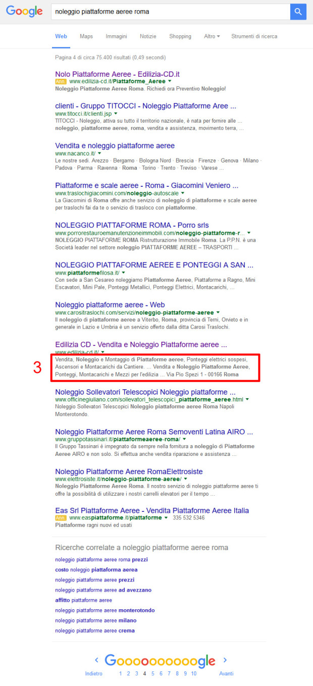 Snippet in quarta pagina con 3 righe di description